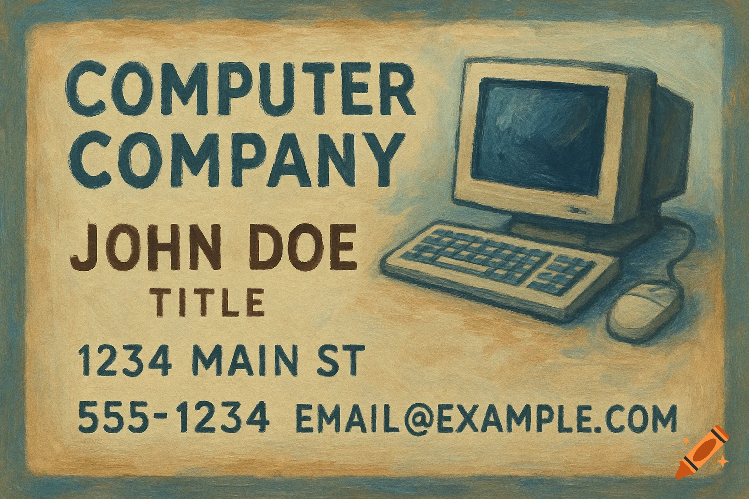 A vintage-style business card illustration with a painted texture, featuring an old computer, keyboard, and mouse next to the words "COMPUTER COMPANY", "JOHN DOE", "TITLE", "1234 MAIN ST", "555-1234", and "EMAIL@EXAMPLE.COM" written in blue and brown text.
