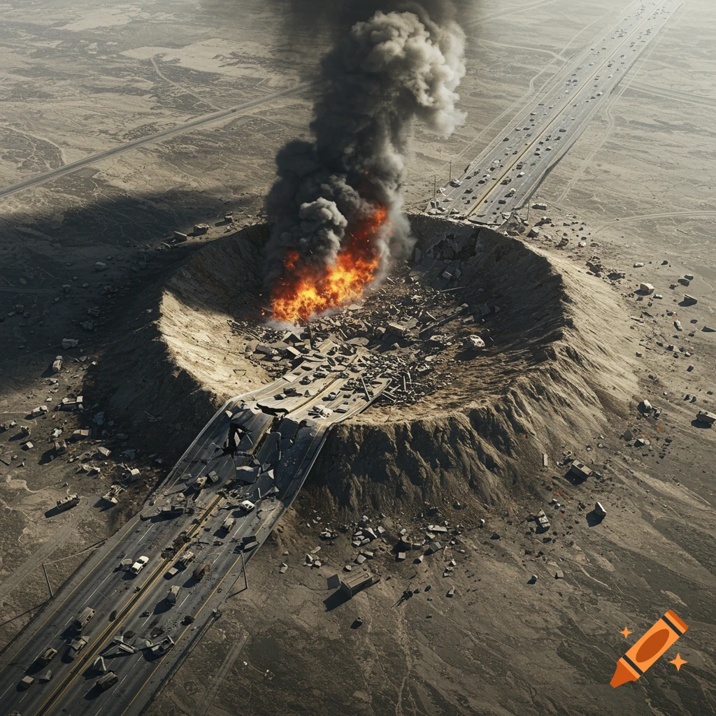 Aerial view of a massive crater interrupting a highway in a barren landscape, with fire and smoke billowing from its center.