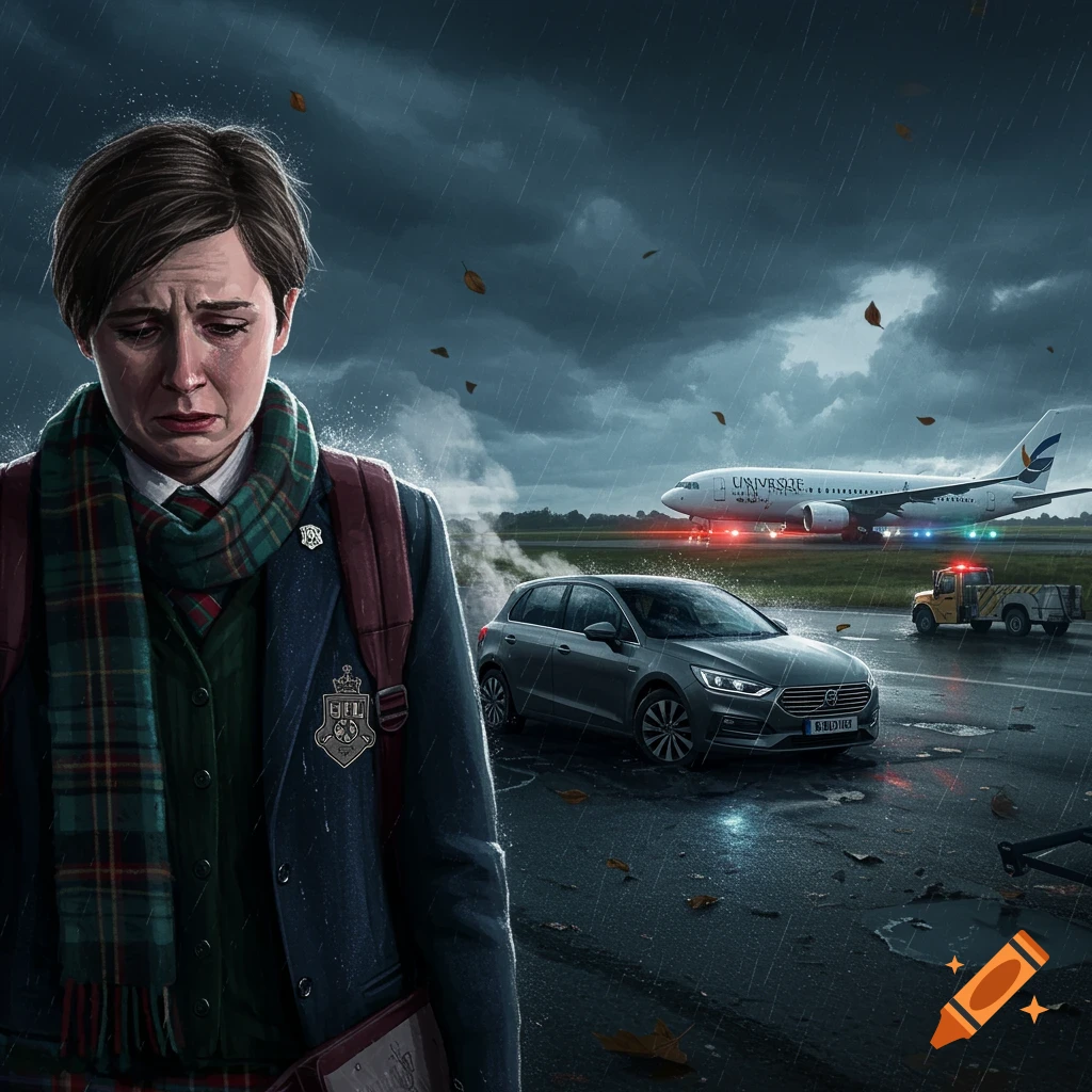 A crying person in a plaid scarf and dark coat stands at an airport during a rainy travel disaster, with a broken-down car and passenger plane in the background.