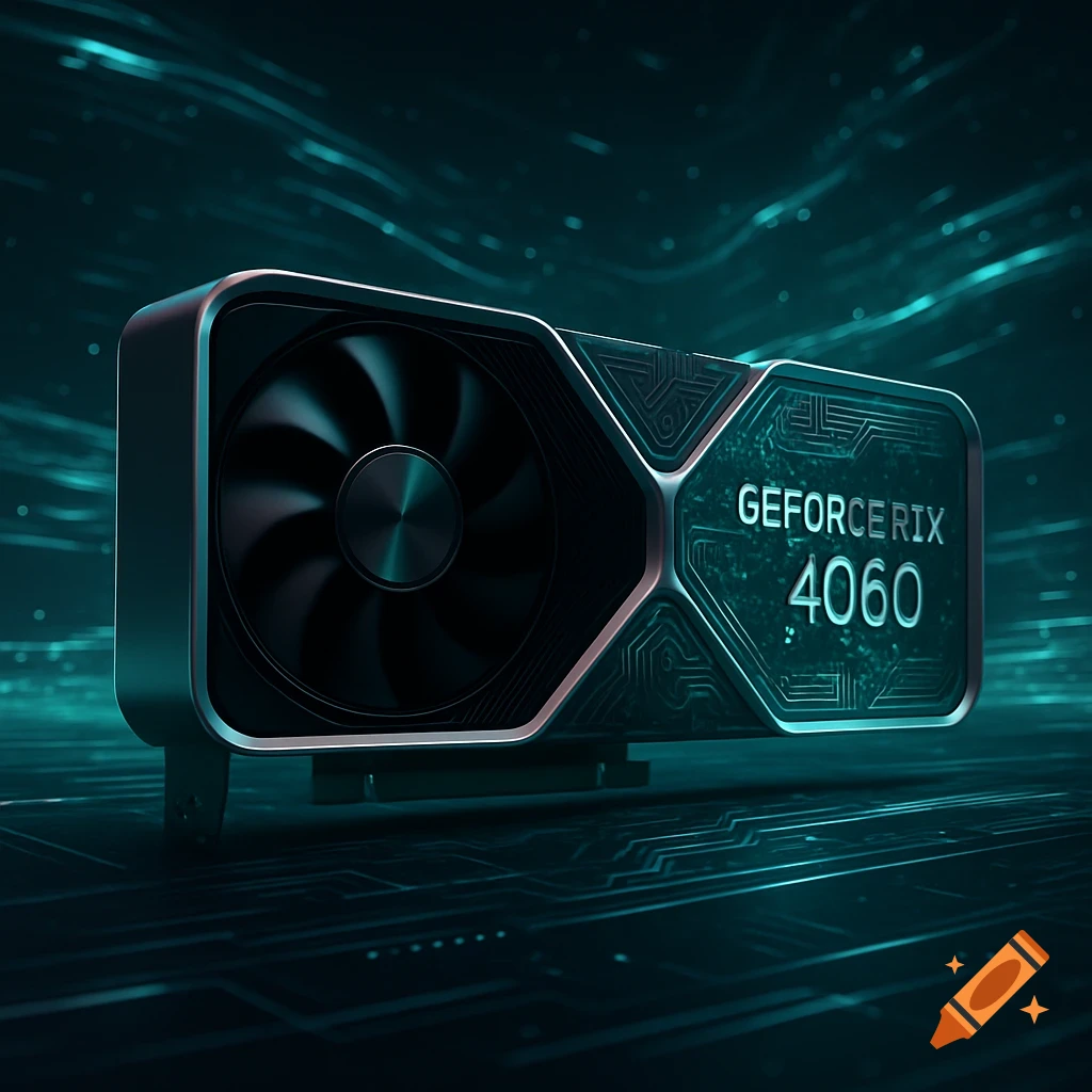 A close-up, photorealistic image of a dark graphics card with a large fan and metallic casing, featuring the text "GEFORCERIX 4060" against a dark background with glowing teal circuit patterns.