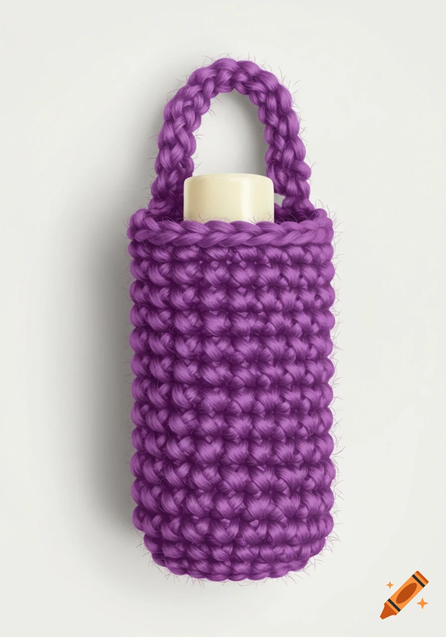 A purple crocheted lip balm holder with a loop handle, seen against a white background.