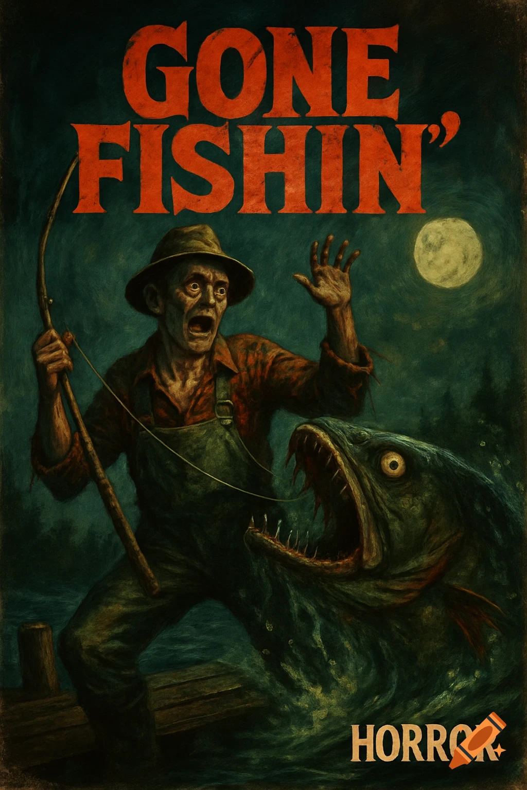 A vintage-style horror poster featuring a terrified fisherman on a dock encountering a monstrous, fanged fish under a full moon. Text reads 'GONE FISHIN'' and 'HORROR'.