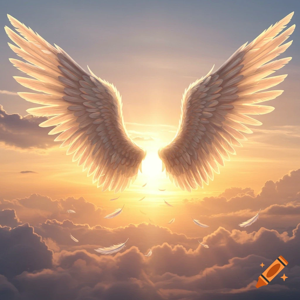 Radiant white angel wings against a golden sunset sky with clouds and falling feathers.