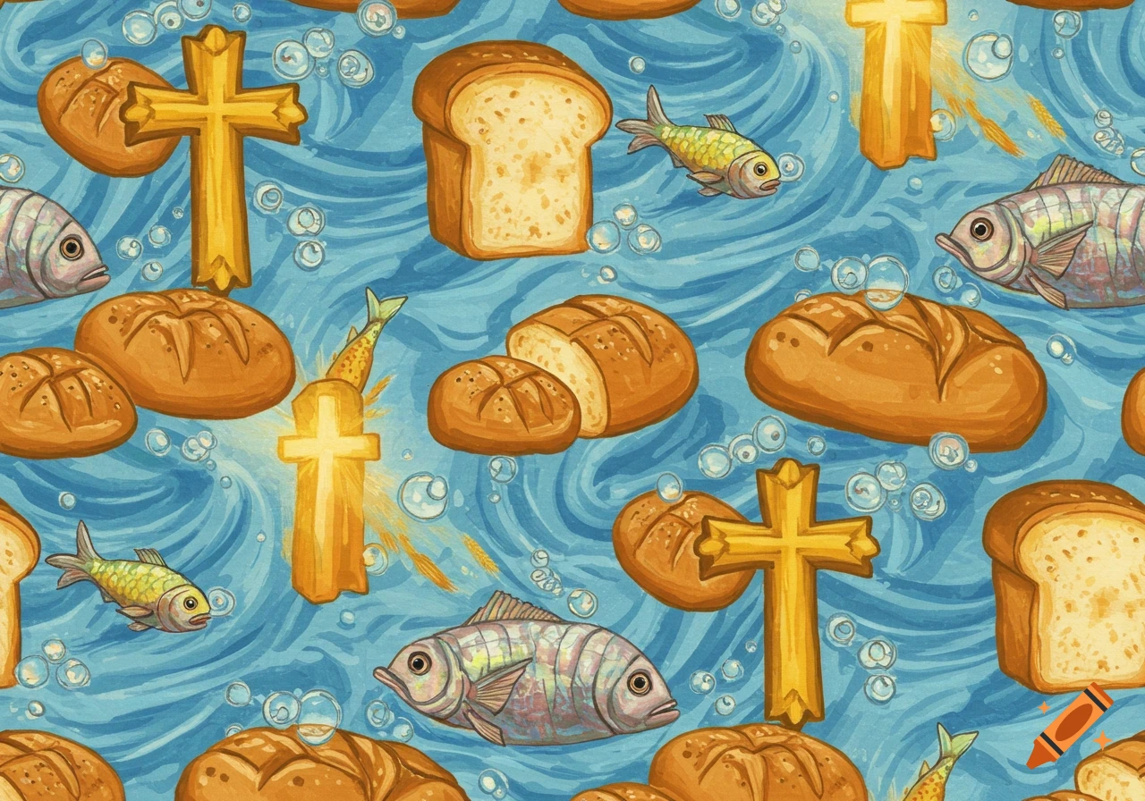 Seamless pattern with golden crosses, bread loaves, and fish on a wavy blue background with bubbles, in an illustrative style.