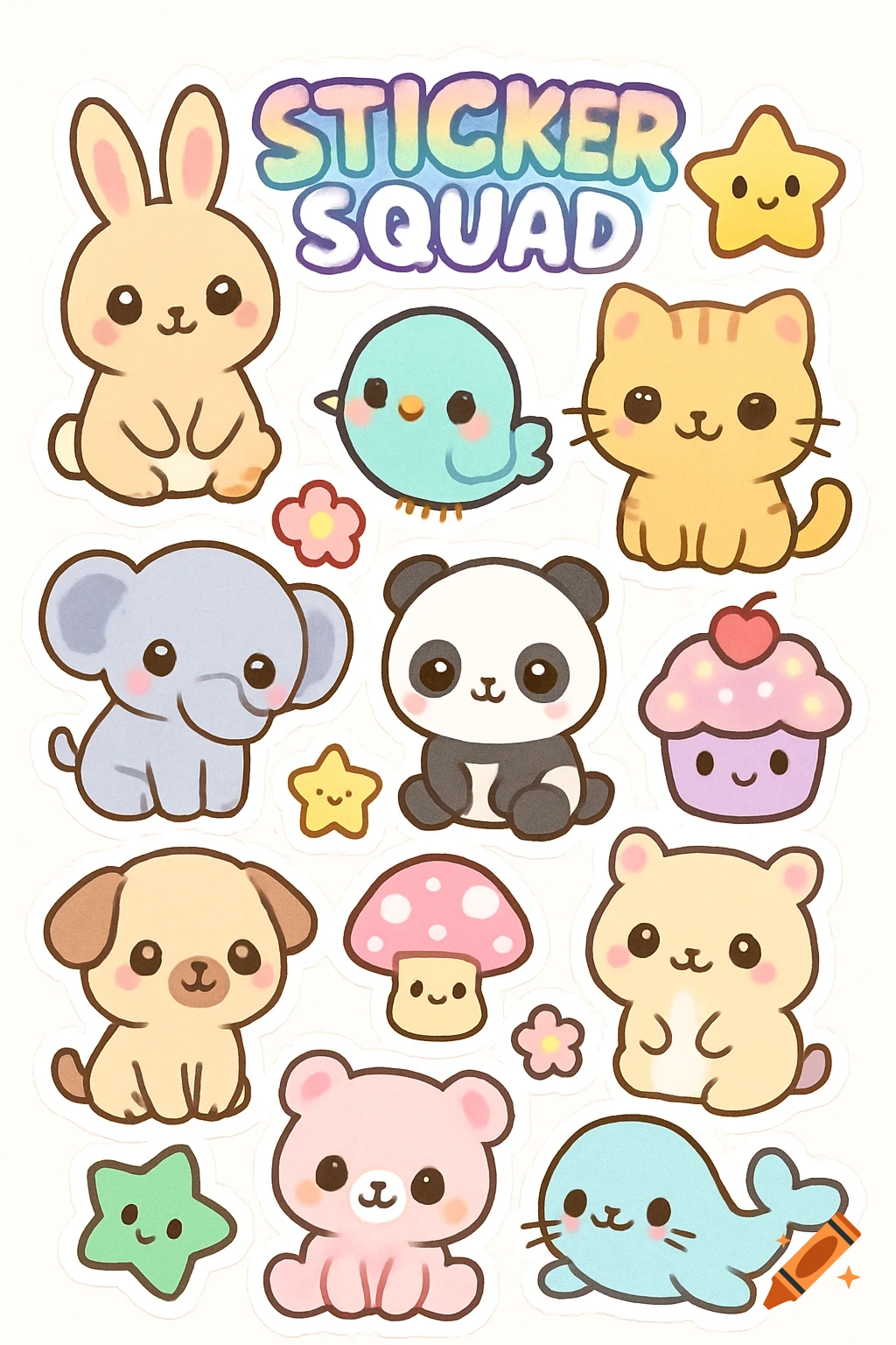 A sheet of colorful, cute kawaii cartoon animal stickers, including a bunny, cat, panda, and dog, with 'STICKER SQUAD' text at the top.