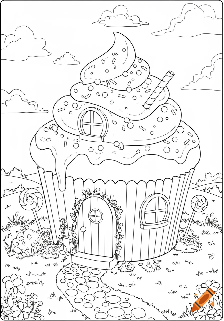 A blank coloring page depicting a whimsical fairy house shaped like a cupcake, with a path, flowers, and lollipops.