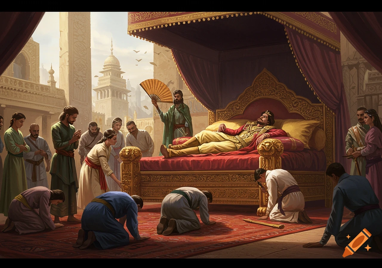 A richly detailed illustration of a prince lounging on a luxurious canopy bed while his subjects bow before him in a palace setting.