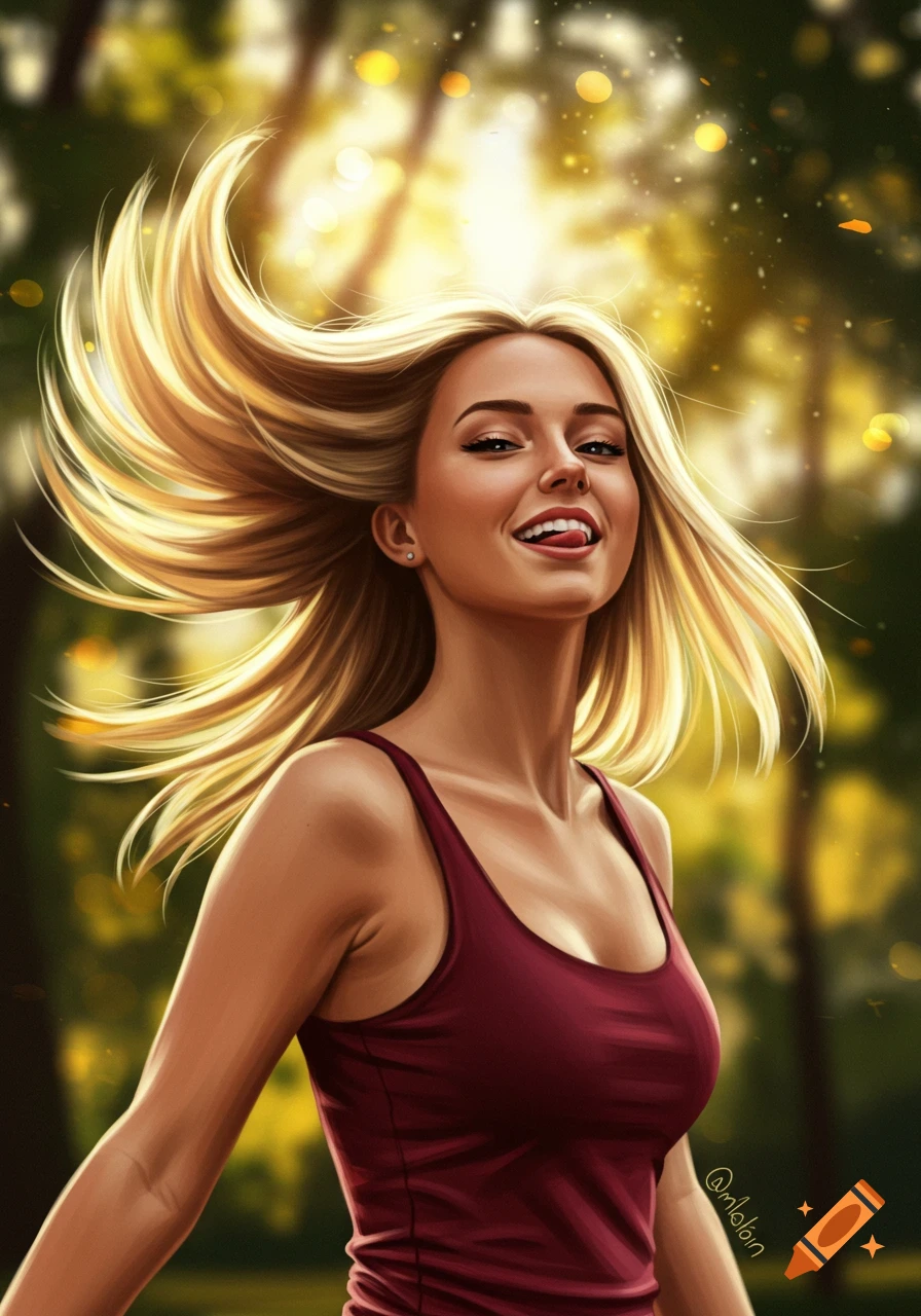 Vibrant digital portrait of a smiling blonde woman with wind-swept hair, wearing a maroon tank top, playfully sticking out her tongue.