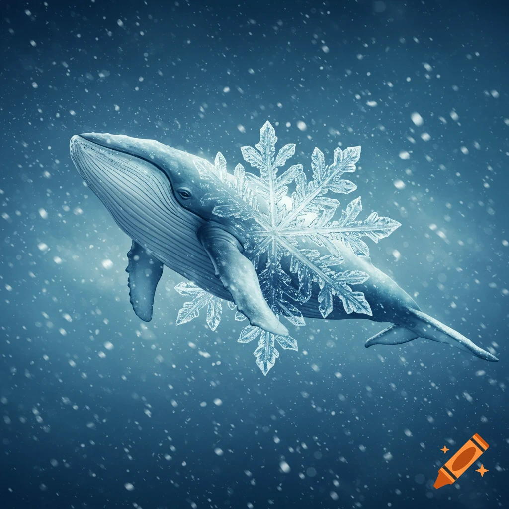 A blue whale with a large, glowing snowflake on its side swims in a dark blue, snowy environment.