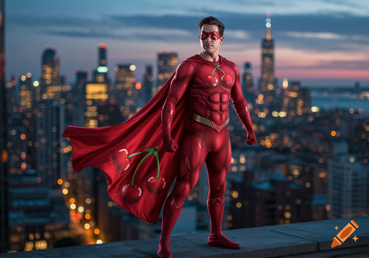A superhero in a red suit with cherry motifs on his chest and cape stands on a rooftop overlooking a city skyline at dusk.