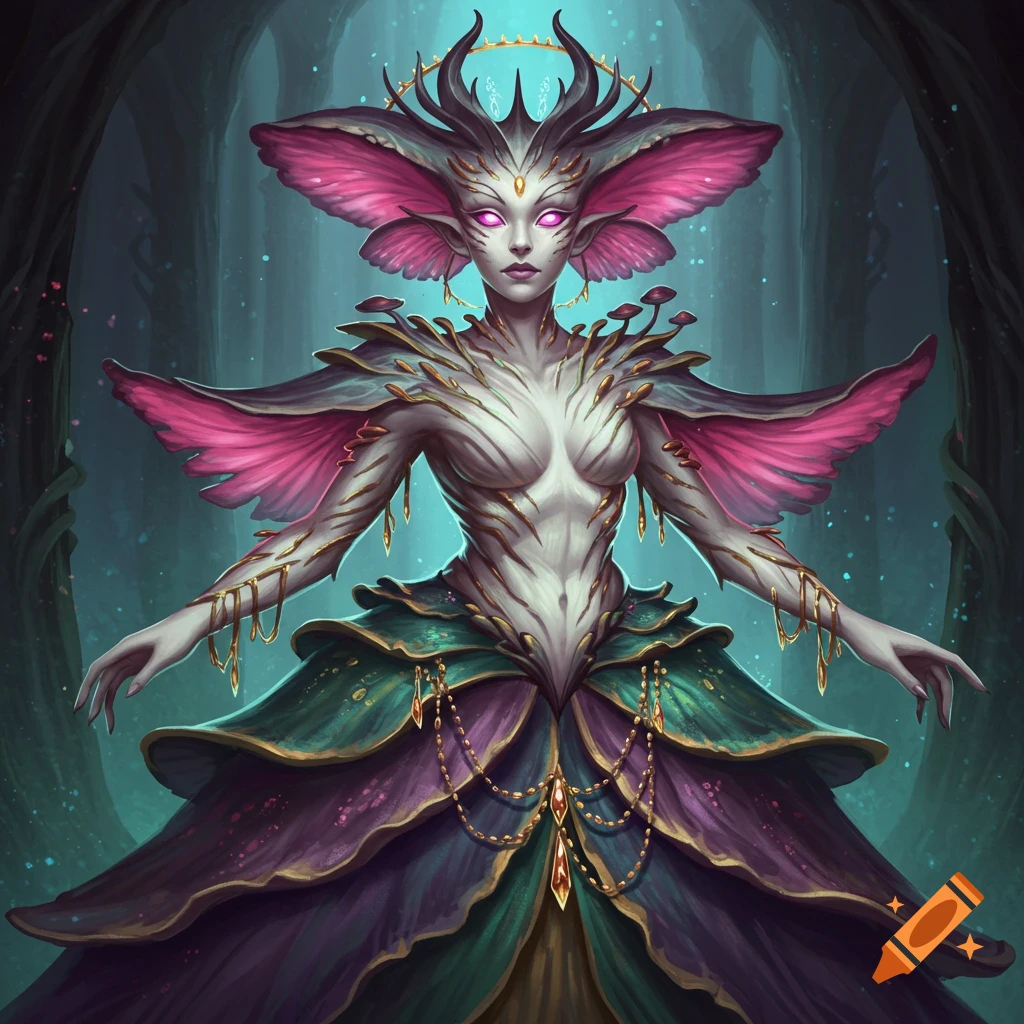 A fantastical queen with pale skin, pink glowing eyes, and large pink ear-wings, wearing an elaborate layered green and purple gown, in a mystical forest setting.