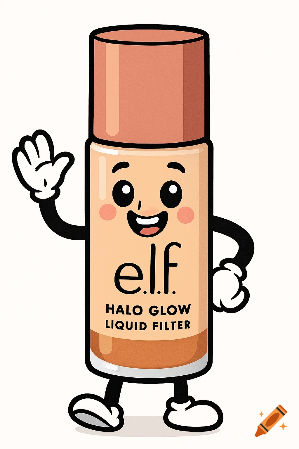 An animated cartoon e.l.f. Halo Glow Liquid Filter bottle with a smiling face, arms, and legs, waving against a white background.