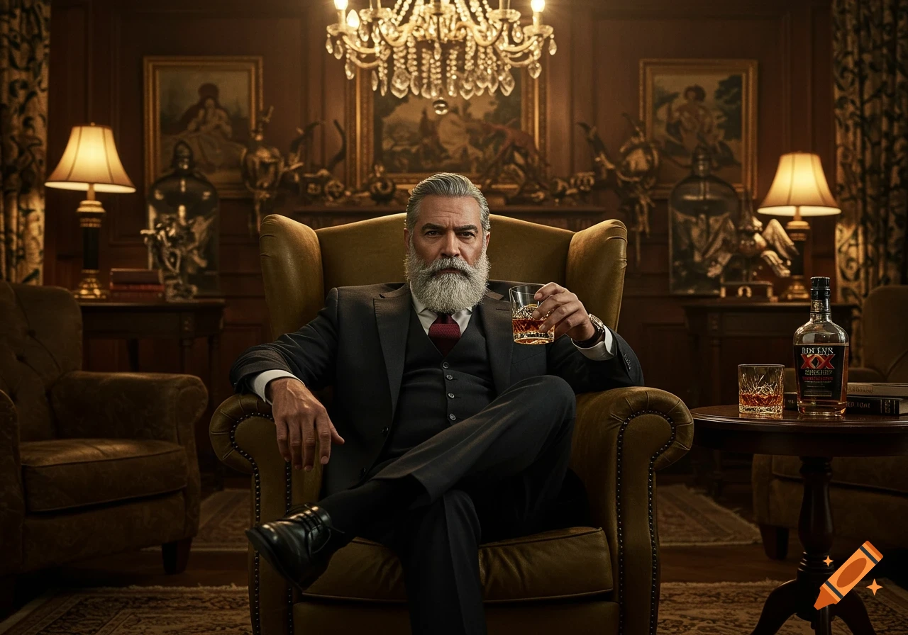 A distinguished man with a gray beard and dark suit sits in a leather armchair, holding a glass of whiskey, in a dimly lit, luxurious study.