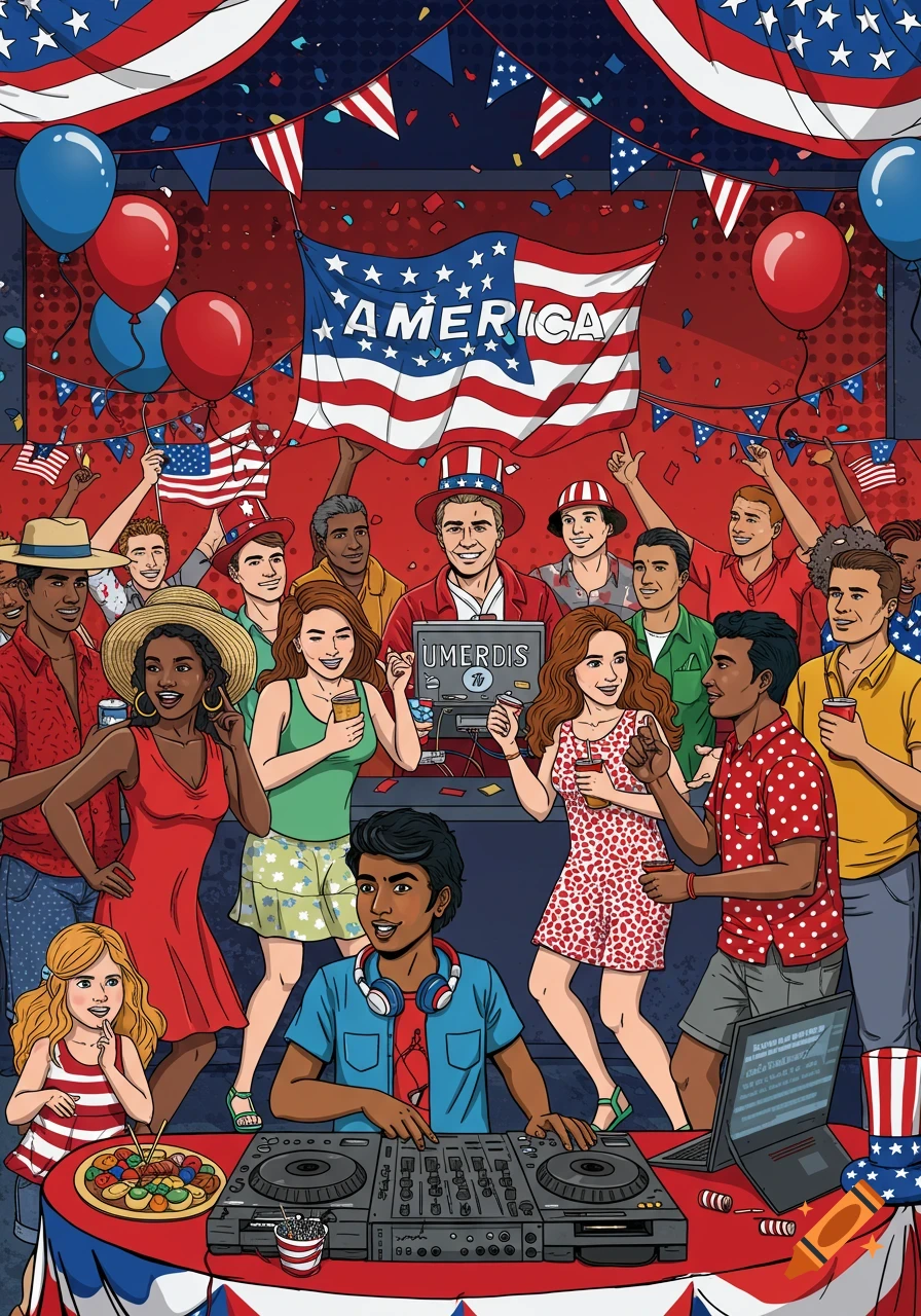 An illustration of a diverse group of people celebrating at a lively American-themed party with a DJ, balloons, and flags.