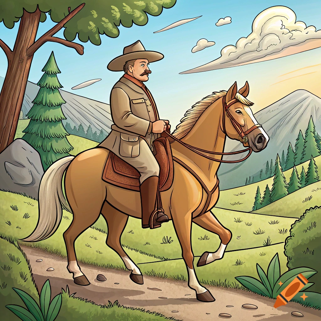 A cartoon illustration of a man with a mustache riding a brown horse on a path through a mountainous landscape.