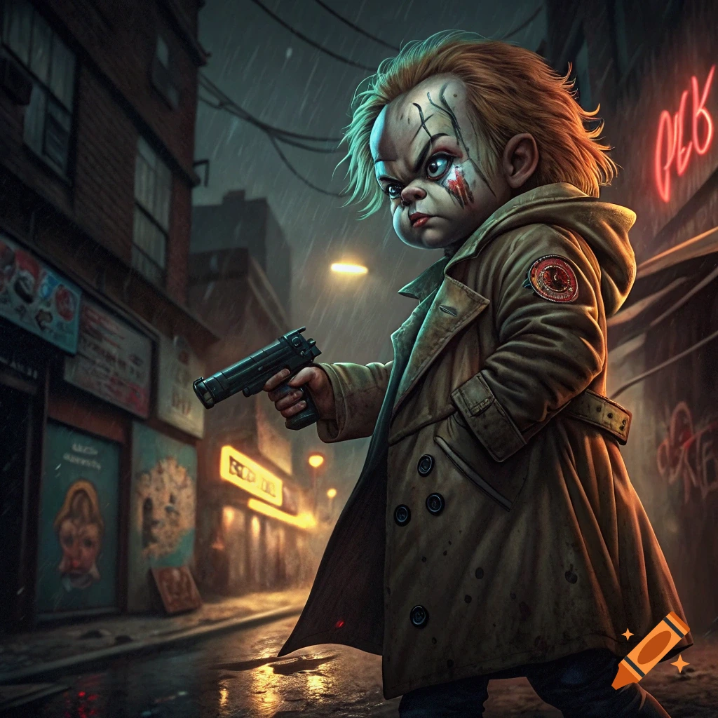 A gritty, digital art image of a doll-like horror character resembling Chucky, holding a gun and walking on a rainy city street at night.