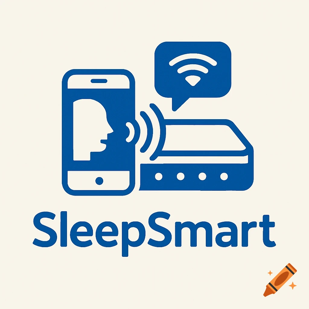 A blue logo with a smartphone, a device, and the text 'SleepSmart'.
