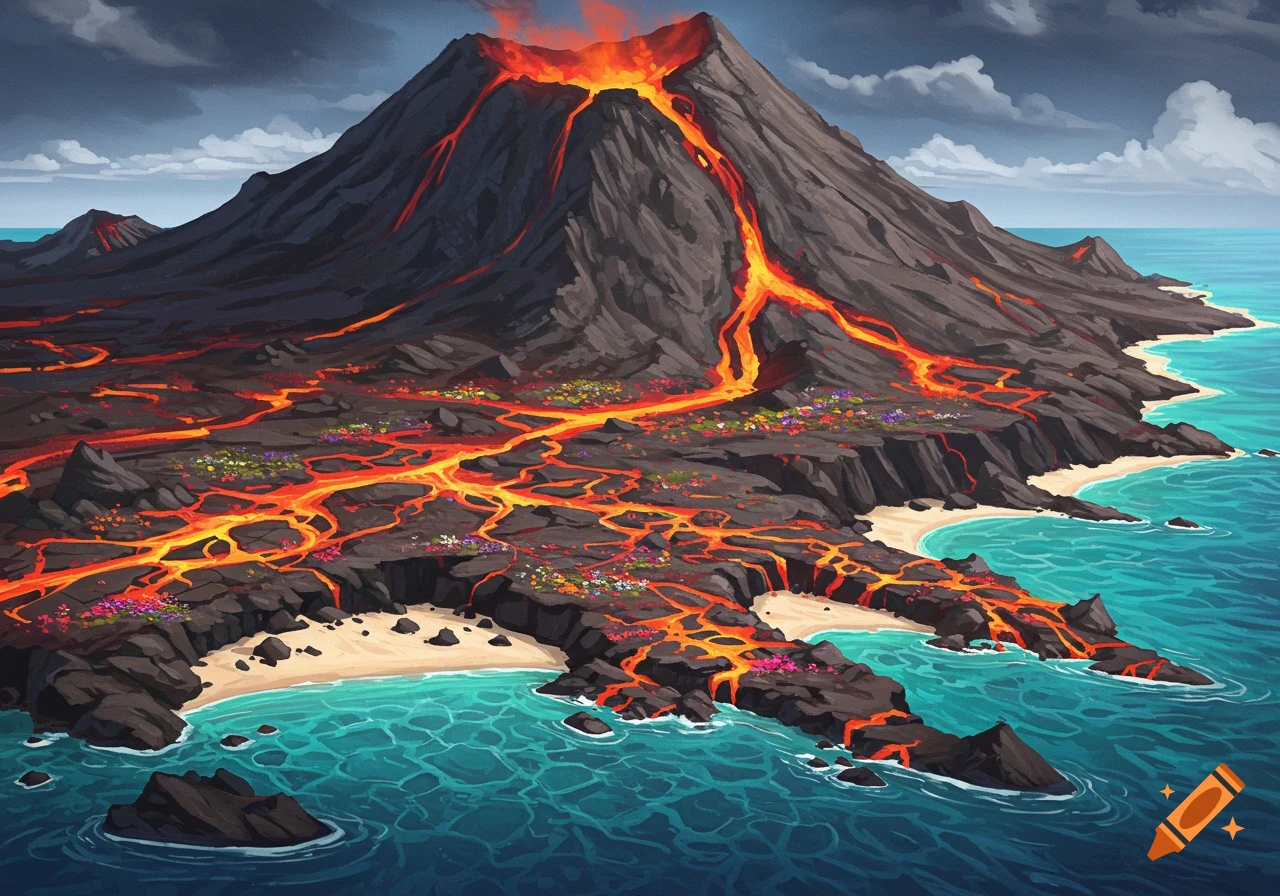 Aerial view of a vibrant island with an erupting volcano, molten lava flowing into the turquoise ocean, and colorful flowers among dark rock.