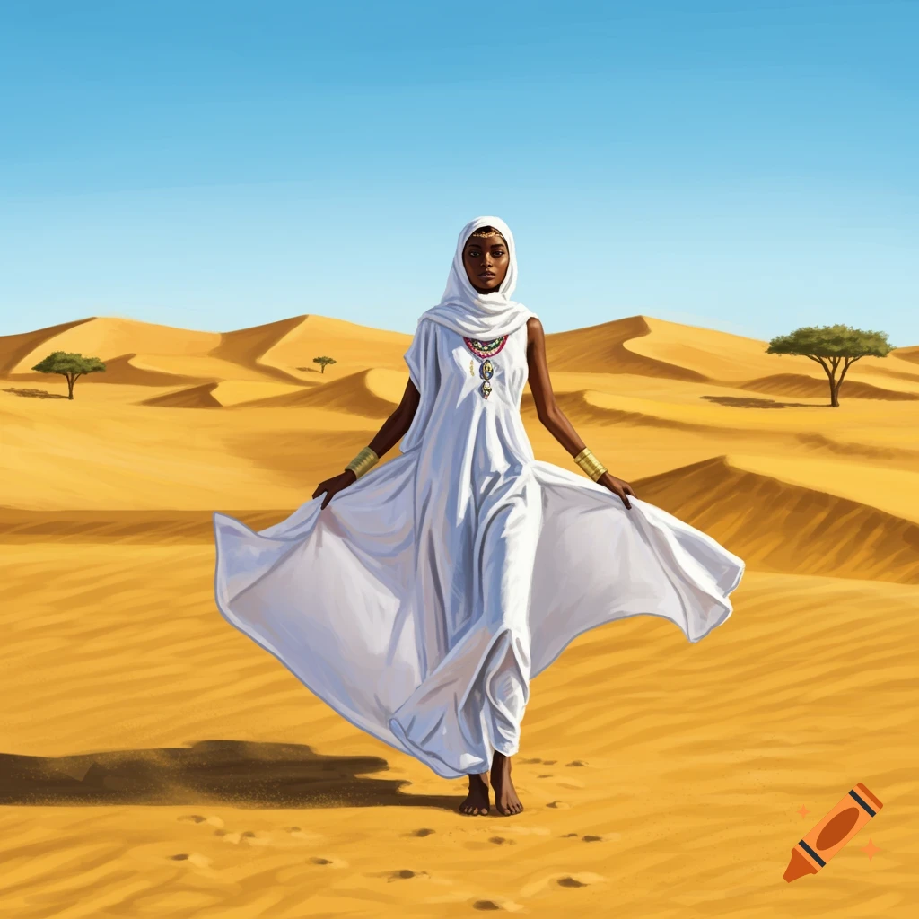 An illustration of a woman in white robes and a head covering standing barefoot in a golden desert with sand dunes and a clear blue sky.