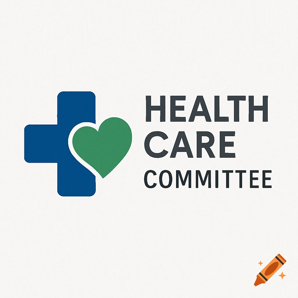 A logo with a blue medical cross and a green heart next to 'HEALTH CARE COMMITTEE' text.