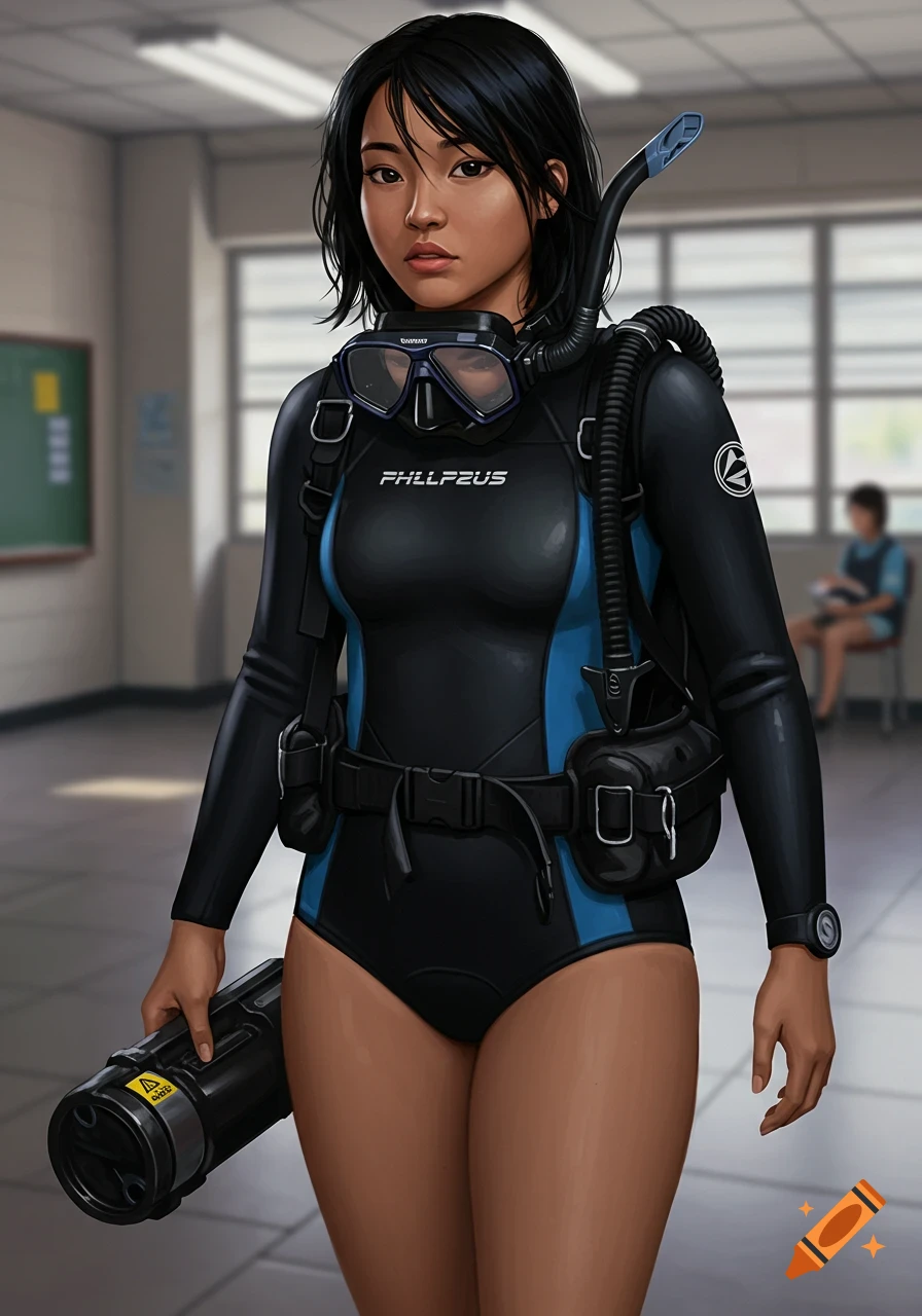 Asian woman in black and blue wetsuit and diving gear, holding a canister, stands in a school hallway. Illustration style.