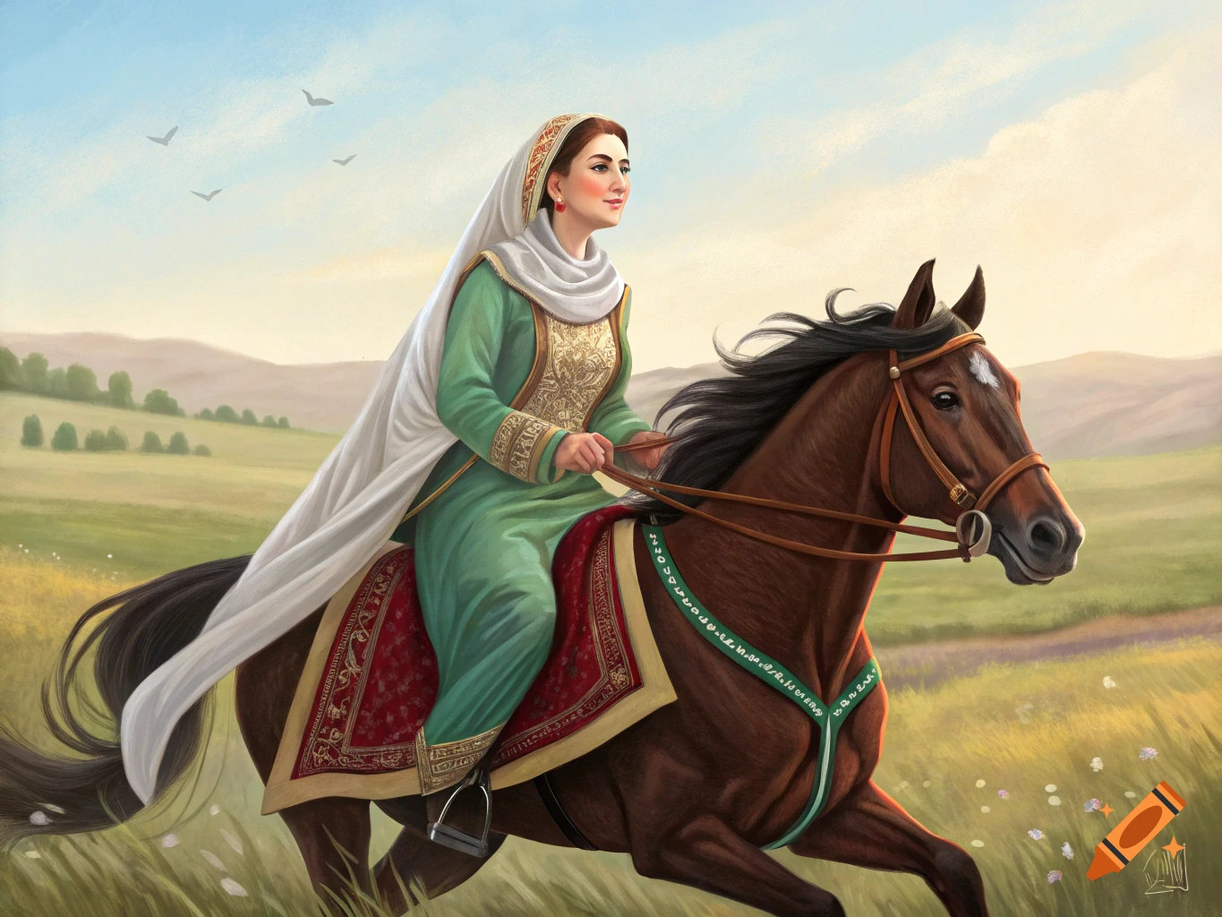 A woman in traditional green and white attire rides a brown horse through a grassy, hilly landscape under a blue sky.