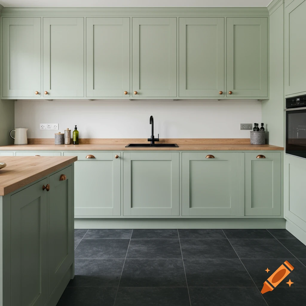 A modern kitchen featuring light green cabinets, wooden countertops, a black sink, and dark gray floor tiles.