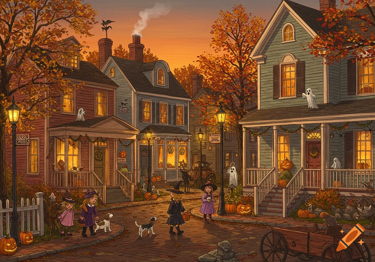 An illustration of a New England town at sunset during Halloween, with children trick-or-treating, jack-o'-lanterns, and ghosts.