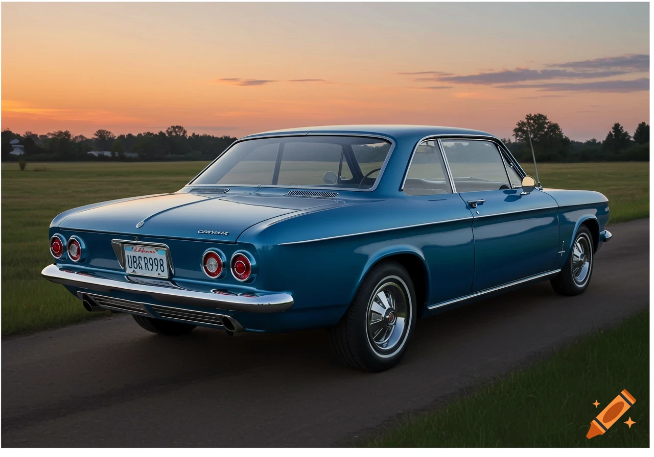 A blue Chevrolet Corvair parked on a road at sunset, viewed from the rear. Photorealistic.