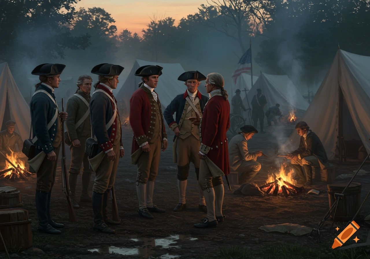 Revolutionary War soldiers gather in a misty military camp at dusk, talking around campfires.