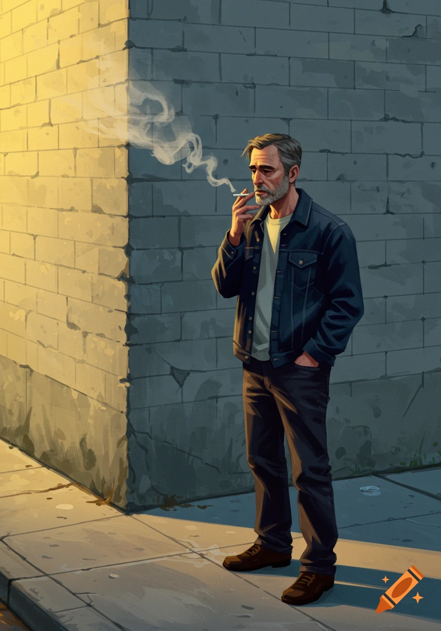 A man with a beard and grey hair, wearing a denim jacket and dark pants, stands on a sidewalk, smoking a cigarette, with sunlight illuminating a brick wall behind him.