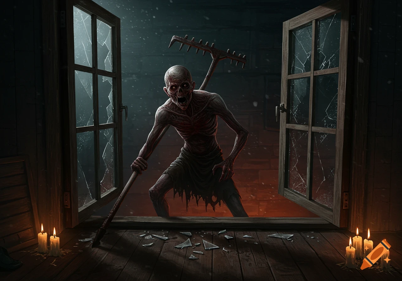 A pale, ghoulish creature with exposed ribs and sharp teeth, holding a rake, climbs through a broken window into a dark, candlelit room.