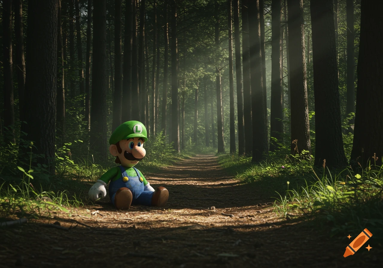 A realistic Luigi doll sits on a forest path with sunlight filtering through tall trees.