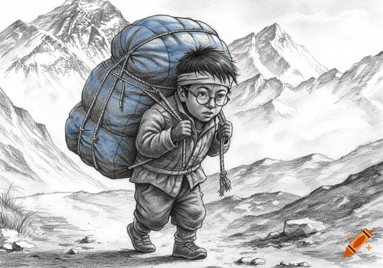 A black and white pencil sketch of a young, bespectacled porter carrying a large blue duffel bag through a rocky mountain pass.