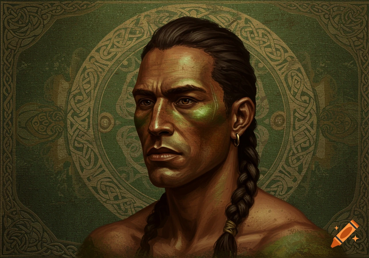 A man with dark skin, green face paint, and braided hair against a green background with Celtic knot patterns, in a painted style.