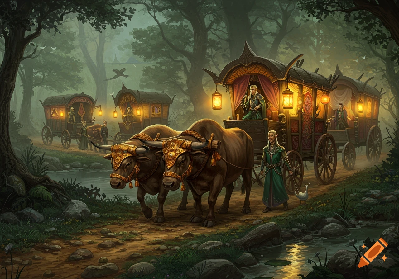 A fantasy caravan of ornate, illuminated wagons pulled by armored oxen, led by an elf through a misty, ancient forest by a stream.