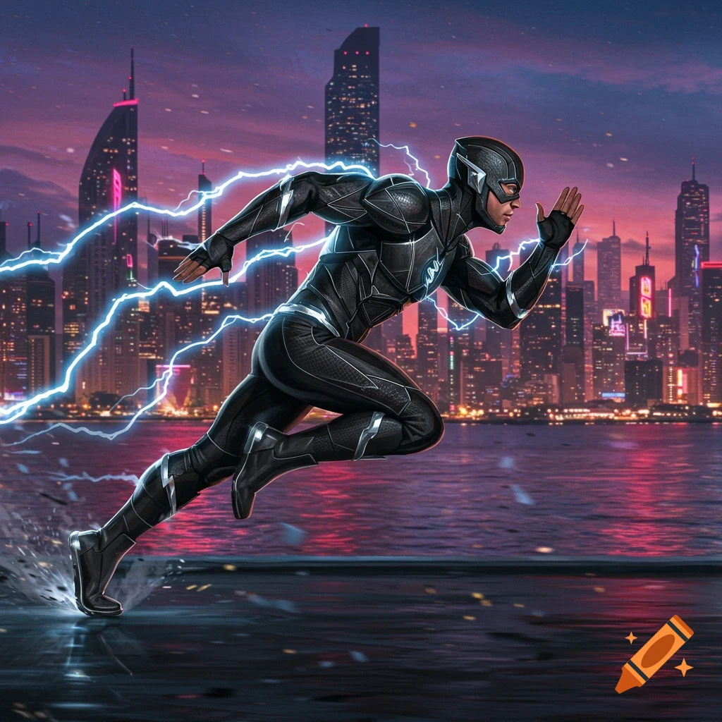 A sprinting speedster in a black and silver suit with lightning trails against a city skyline at dusk, digital art.