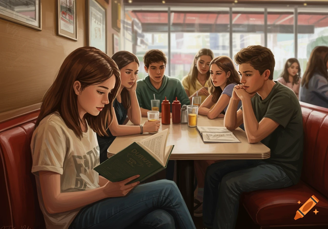An illustration of a group of teens in a diner, with a girl in the foreground reading a book at a red booth.