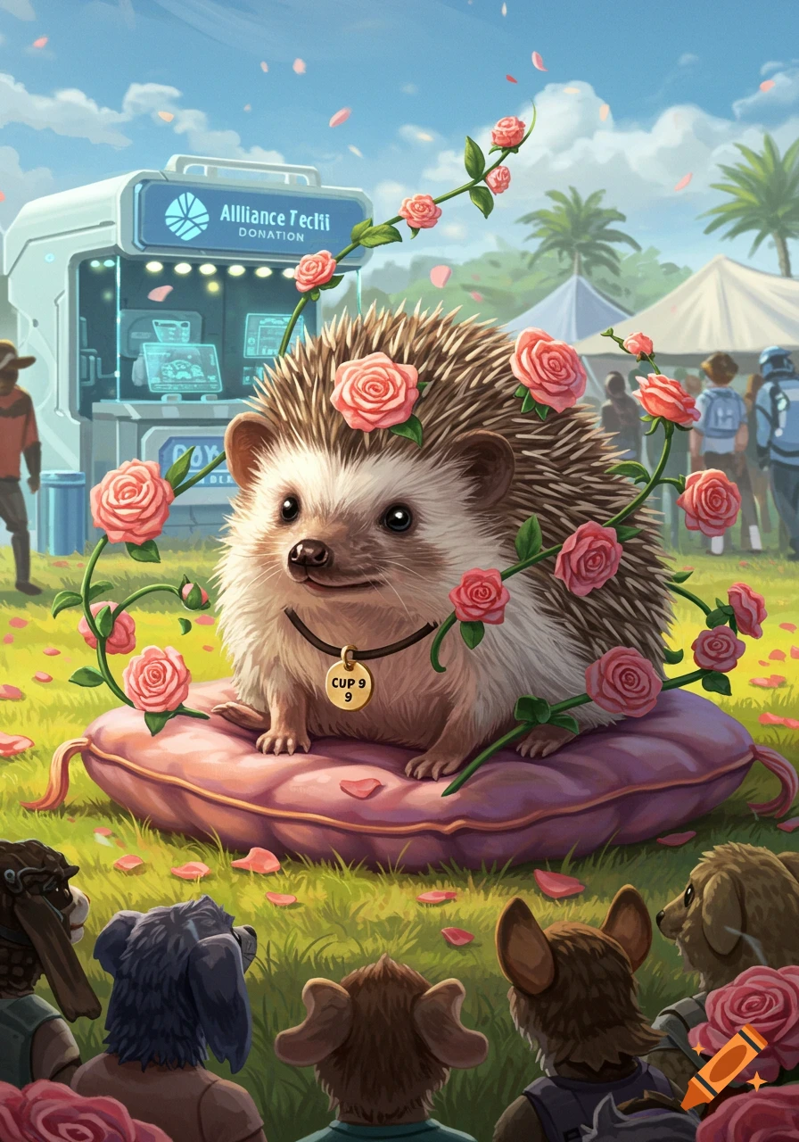A cute hedgehog wearing a 'CUP 9 9' necklace sits on a pink pillow, surrounded by pink roses and rose petals. In the background, anthropomorphic animals gather around an 'Alliance Techii Donation' stall.