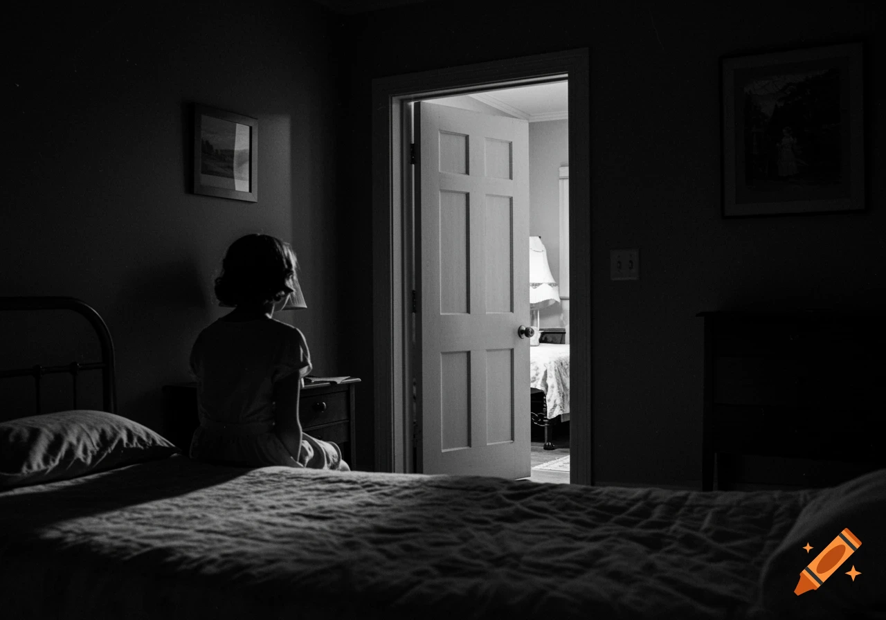 A black and white photograph of a dark bedroom with a girl sitting on the bed, looking towards a brightly lit open door.