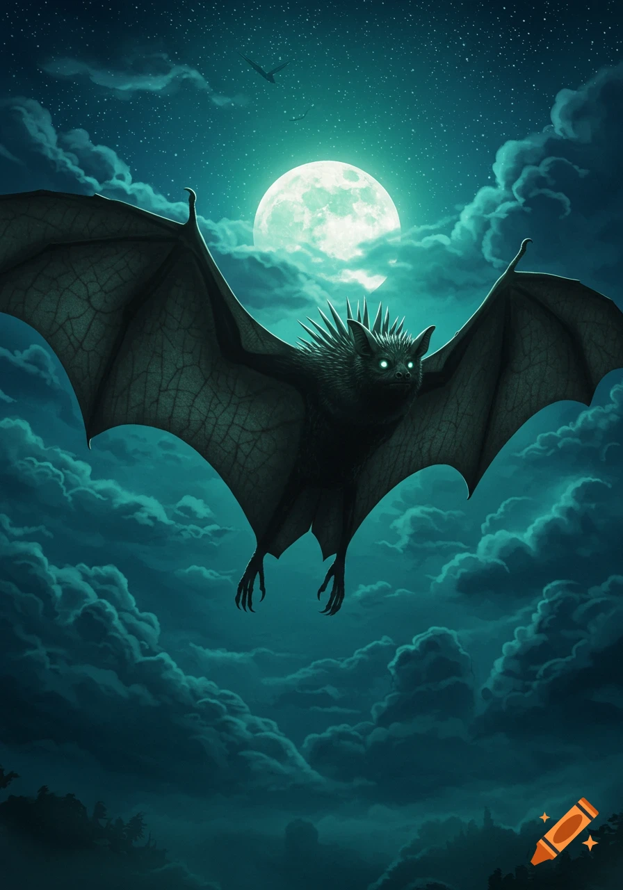 A large, spiky bat-like creature with long, clawed legs flies through a moonlit night sky filled with clouds.