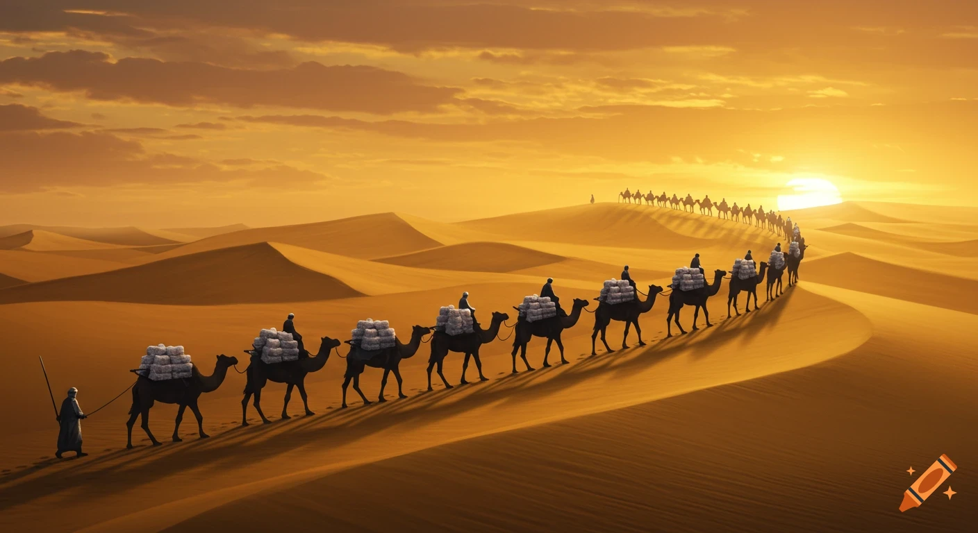 A long line of camels carrying white bundles, led by a person, walks through a vast, orange desert at sunset, casting long shadows.