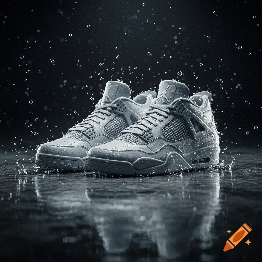A pair of detailed, grayscale Air Jordan 4 sneakers, made of crystal-clear water, stand on a wet reflective surface with water droplets suspended in mid-air.