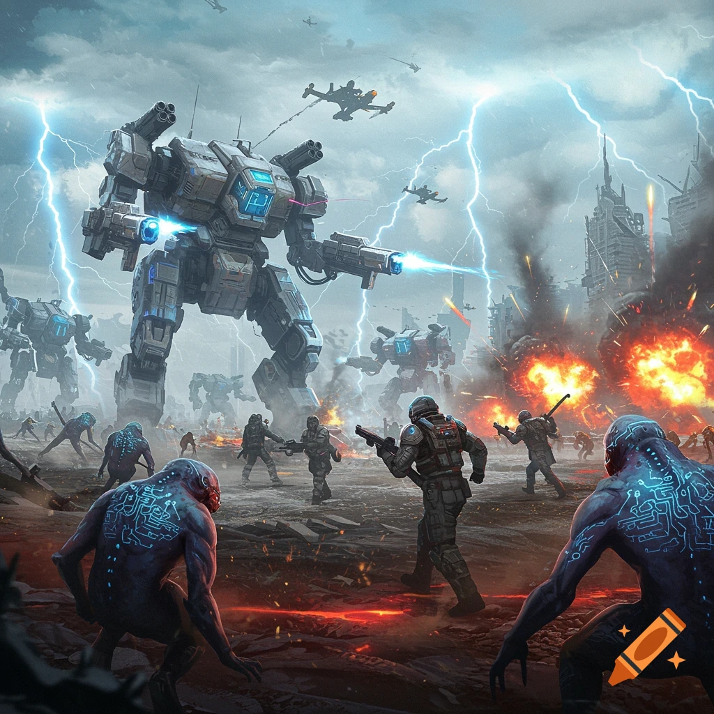 A large sci-fi mech battles alien creatures and soldiers in a ruined city under a stormy, lightning-filled sky.