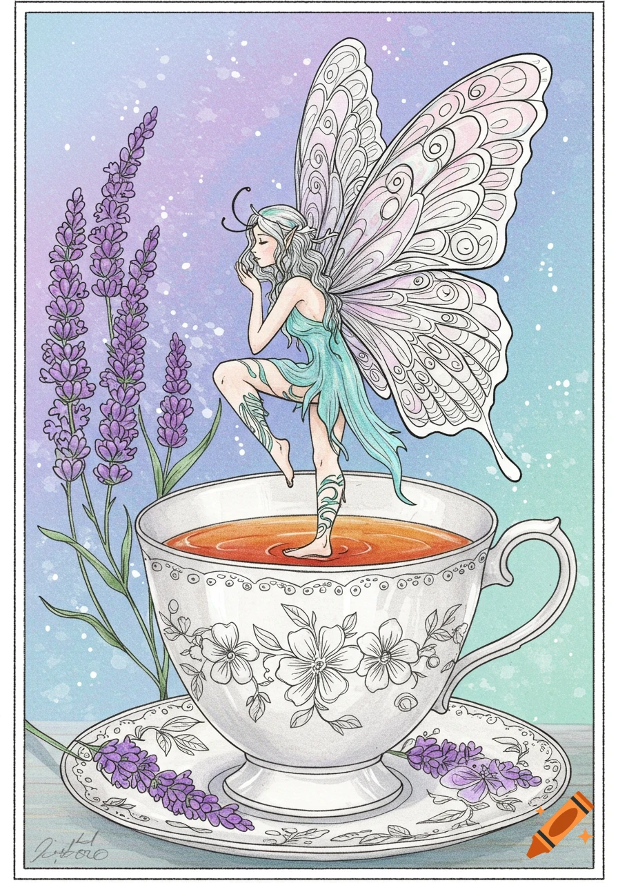 A pastel-colored illustration of a fairy with large wings standing in a teacup filled with liquid, beside purple lavender stalks.