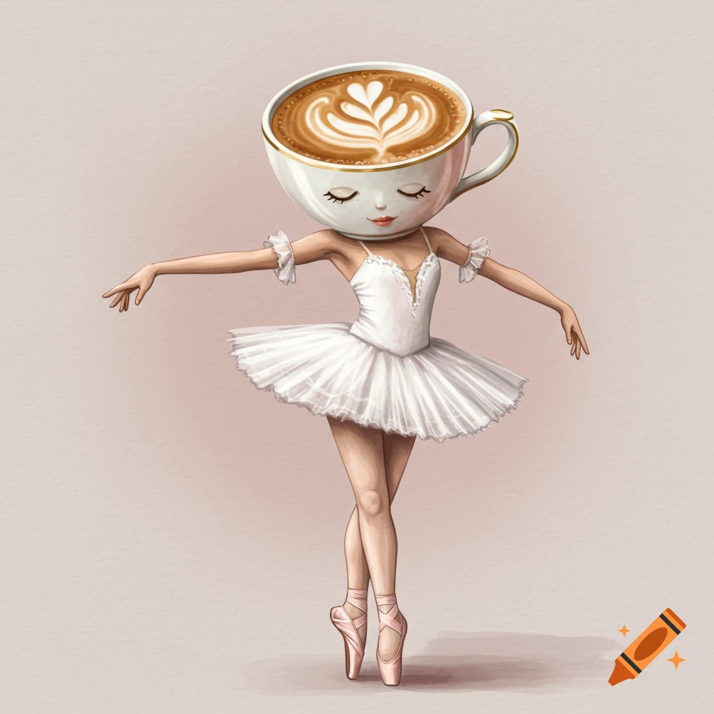 An illustration of a ballerina with a coffee cup head featuring latte art, dancing in a white tutu and pink pointe shoes.