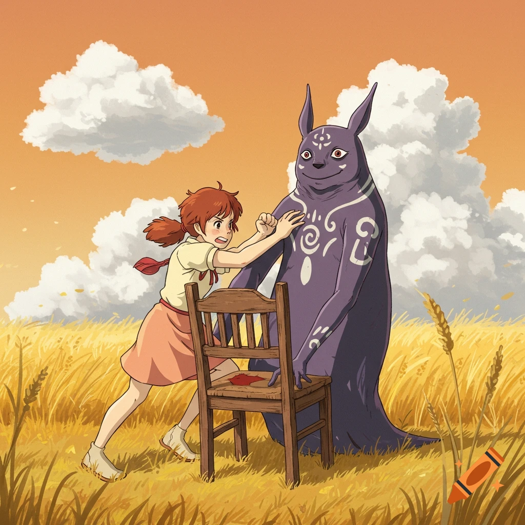 Anime-style illustration of a red-haired girl pushing a wooden chair with a red stain, next to a large purple creature in a golden field.