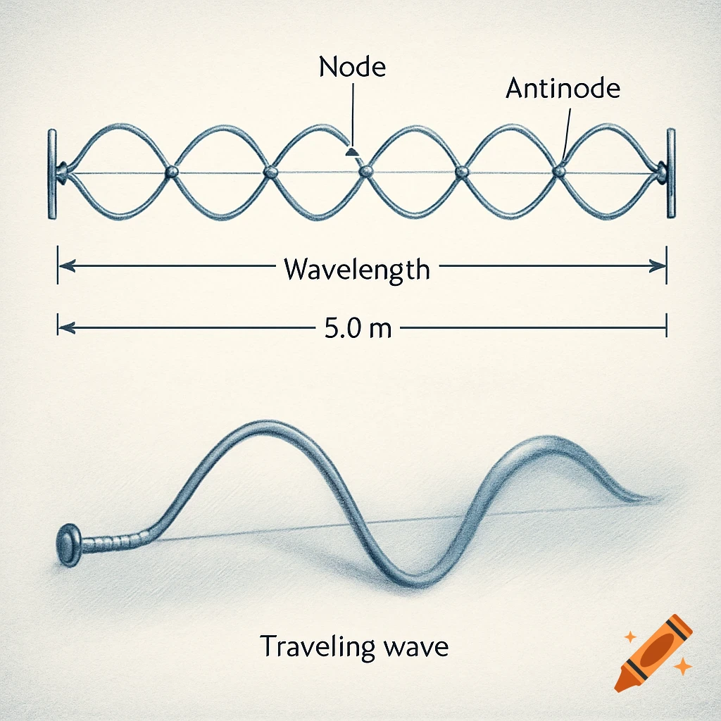 Scientific diagram illustrating a standing wave with labels for node, antinode, and wavelength, and a traveling wave below.