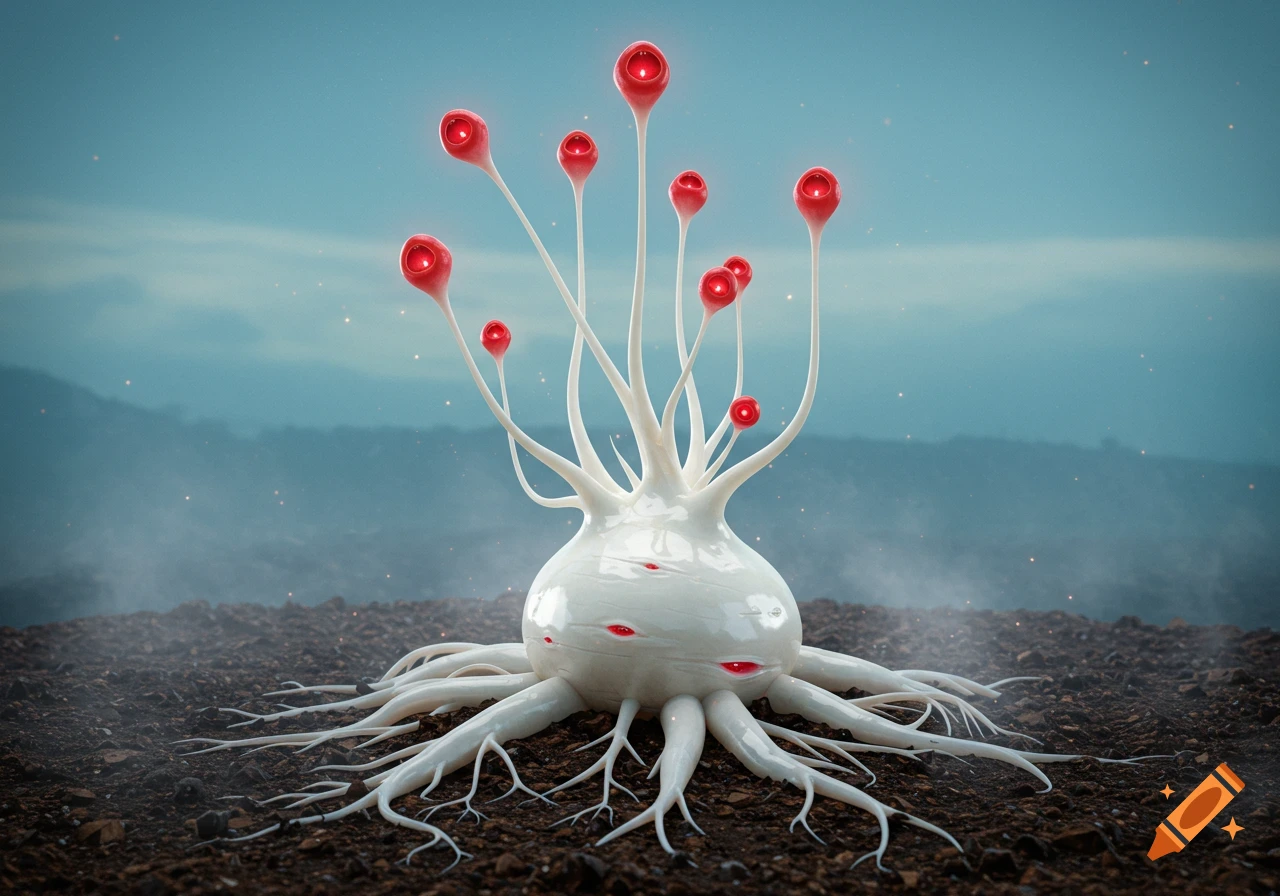A shiny white, root-like alien plant with multiple red, glowing eye-like bulbs on stalks, growing from dark soil under a misty blue sky.