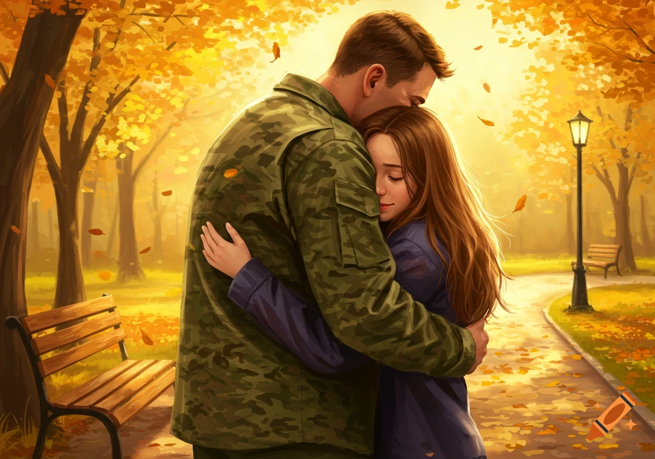 A soldier embraces his daughter in a warm, autumnal park setting, depicted in a digital painting style.